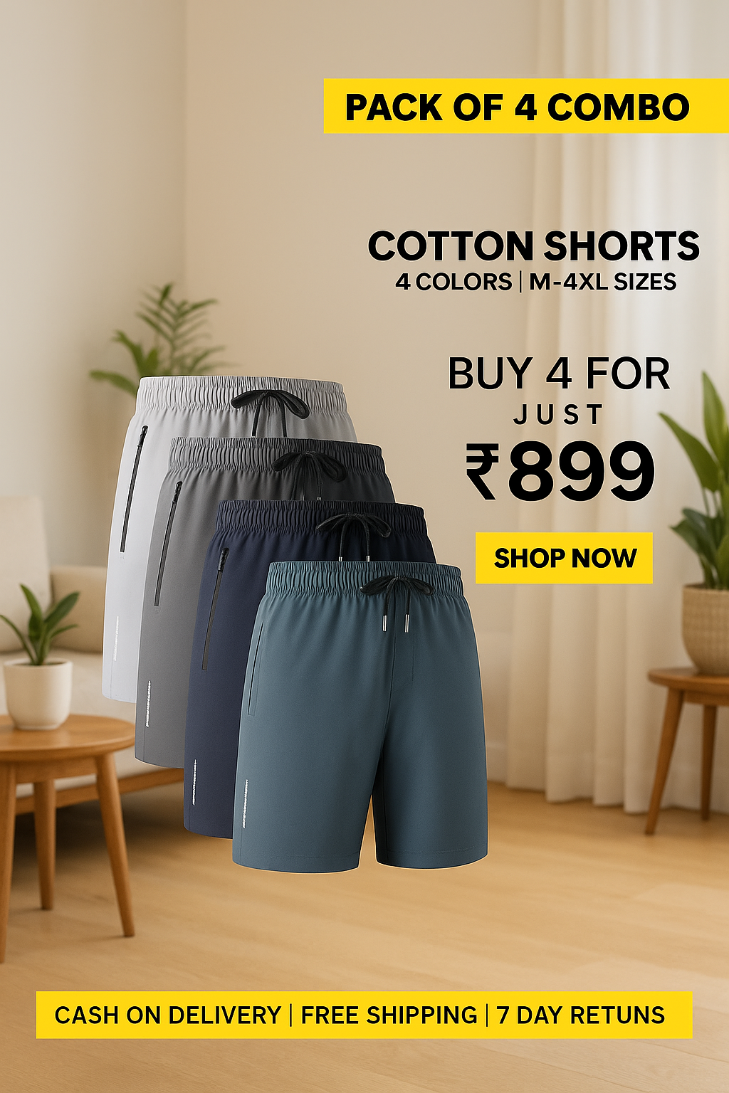 🔥 BUY 1 GET 3 FREE 🔥 Men's Stretchable Cotton Shorts (₹225 piece)